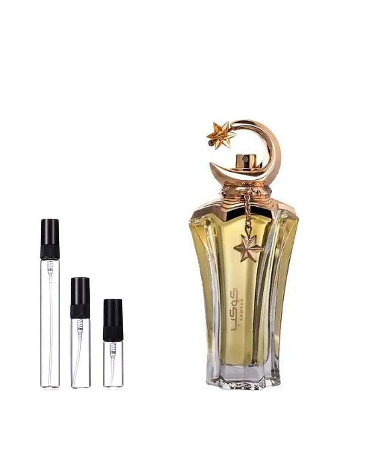 Ahmed Al Maghribi Kawkab sample – decant naast de volle fles ter herkenning