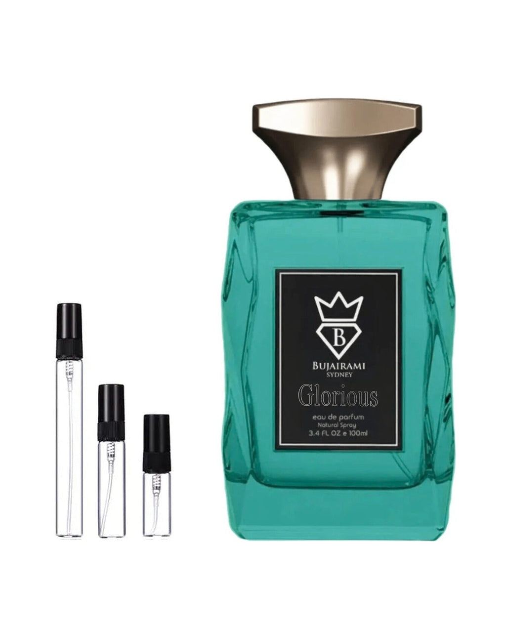 Bujairami Glorious sample – decant naast de volle fles ter herkenning