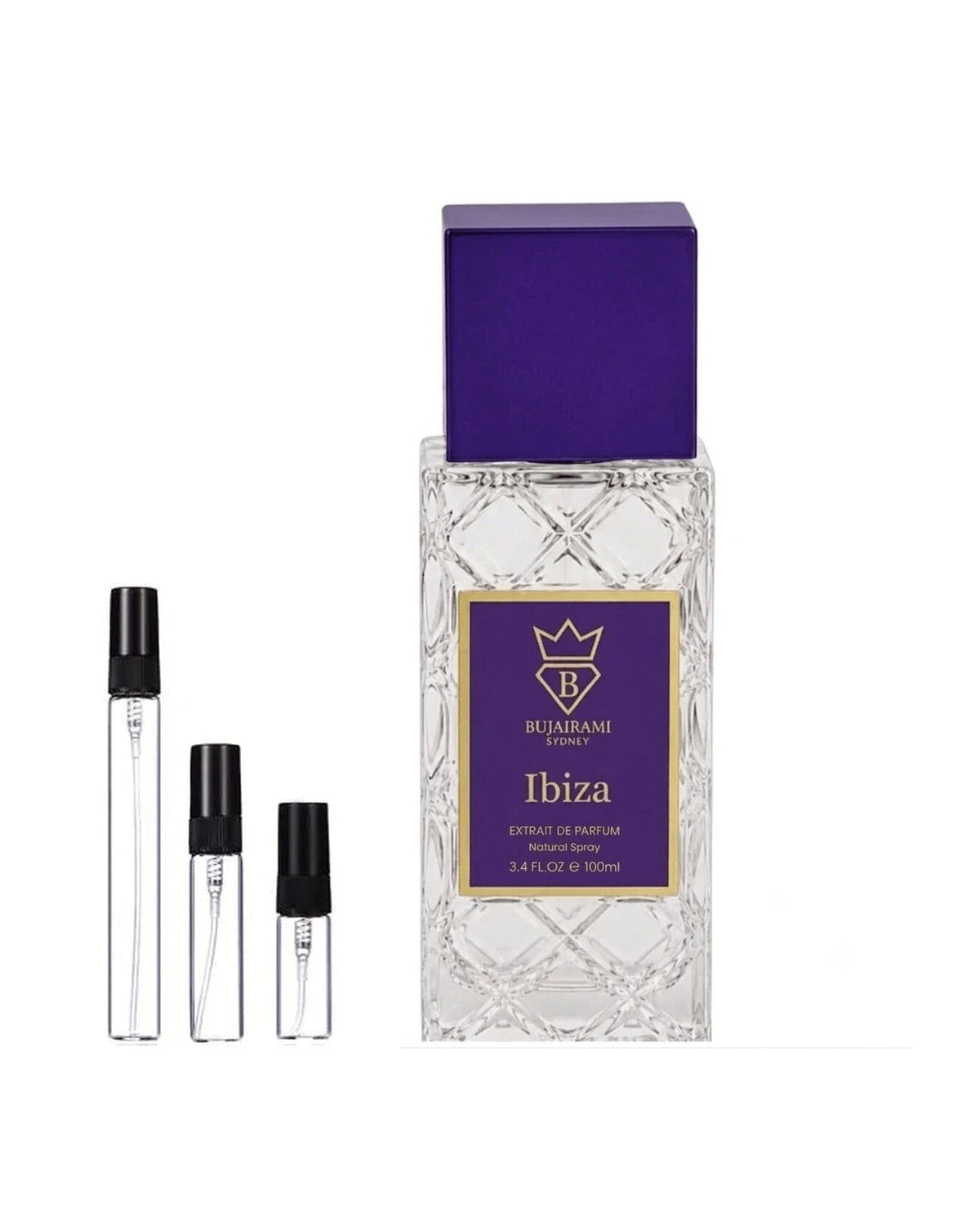 Bujairami Ibiza sample – decant naast de volle fles ter herkenning