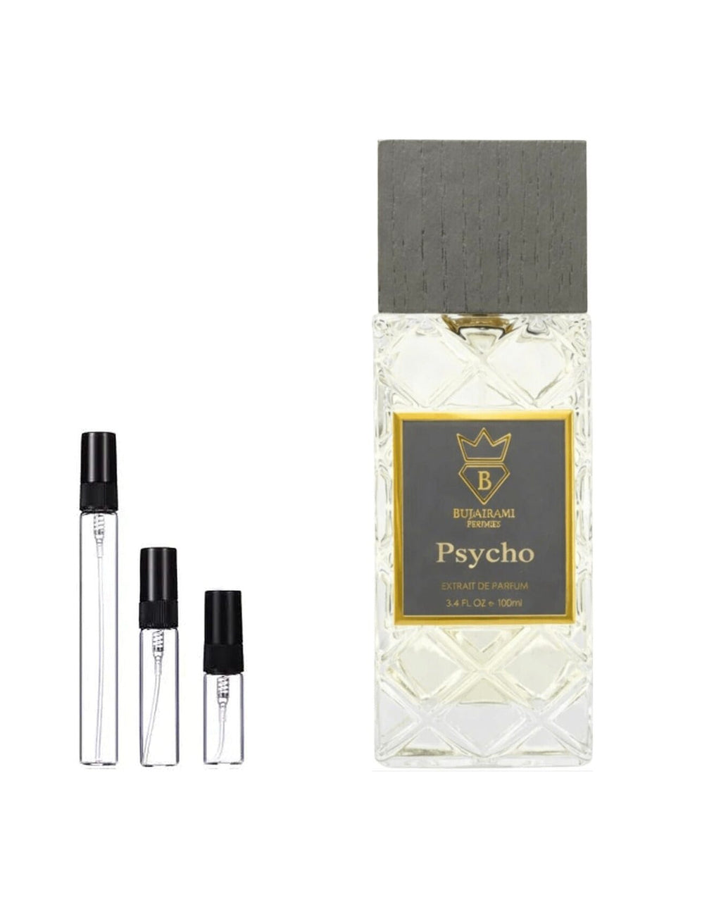 Bujairami Psycho sample – decant naast de volle fles ter herkenning