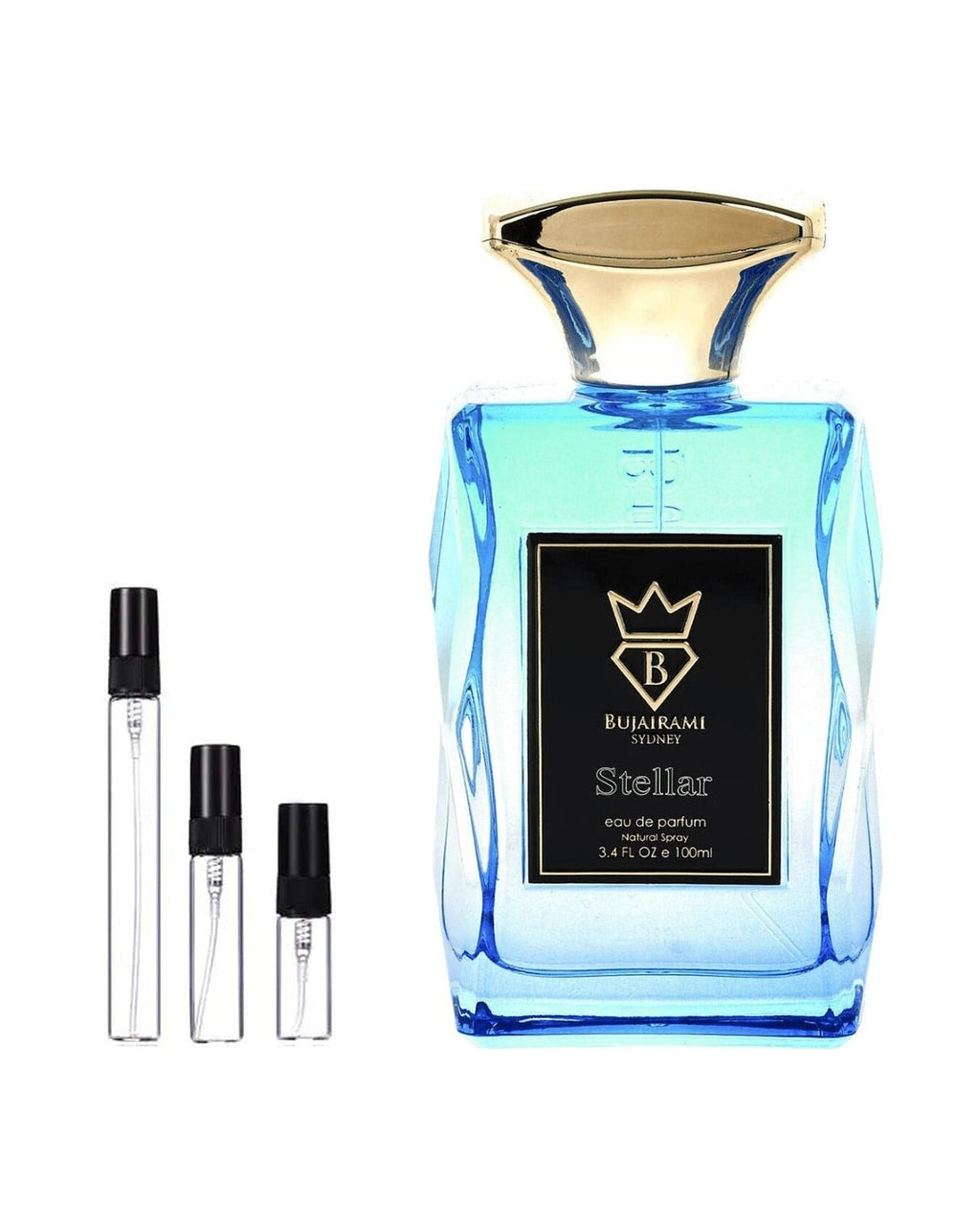 Bujairami Stellar sample – decant naast de volle fles ter herkenning