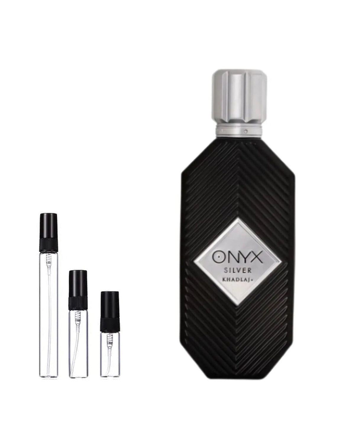 Khadlaj Onyx Silver sample – decant naast de volle fles ter herkenning