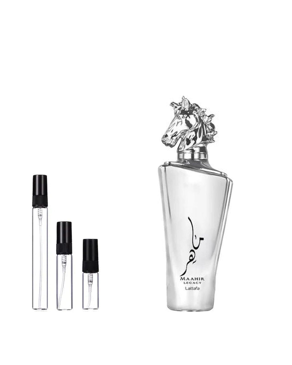 Lattafa Maahir Legacy sample – decant naast de volle fles ter herkenning