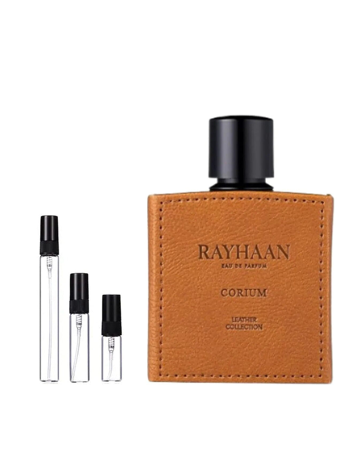 Rayhaan Corium sample – decant naast de volle fles ter herkenning